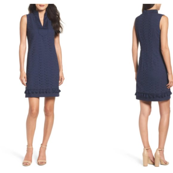 Eliza J Mandarin Collar Lace Shift Dress in Navy - Picture 5 of 9